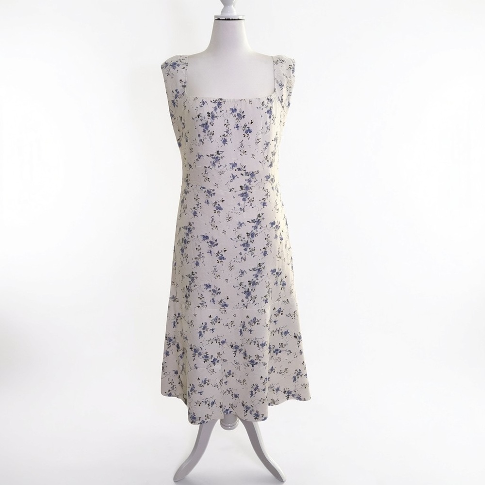Reformation Floral Midi Dress Blue White Square Neck Wide Strap Medium - Picture 2 of 11